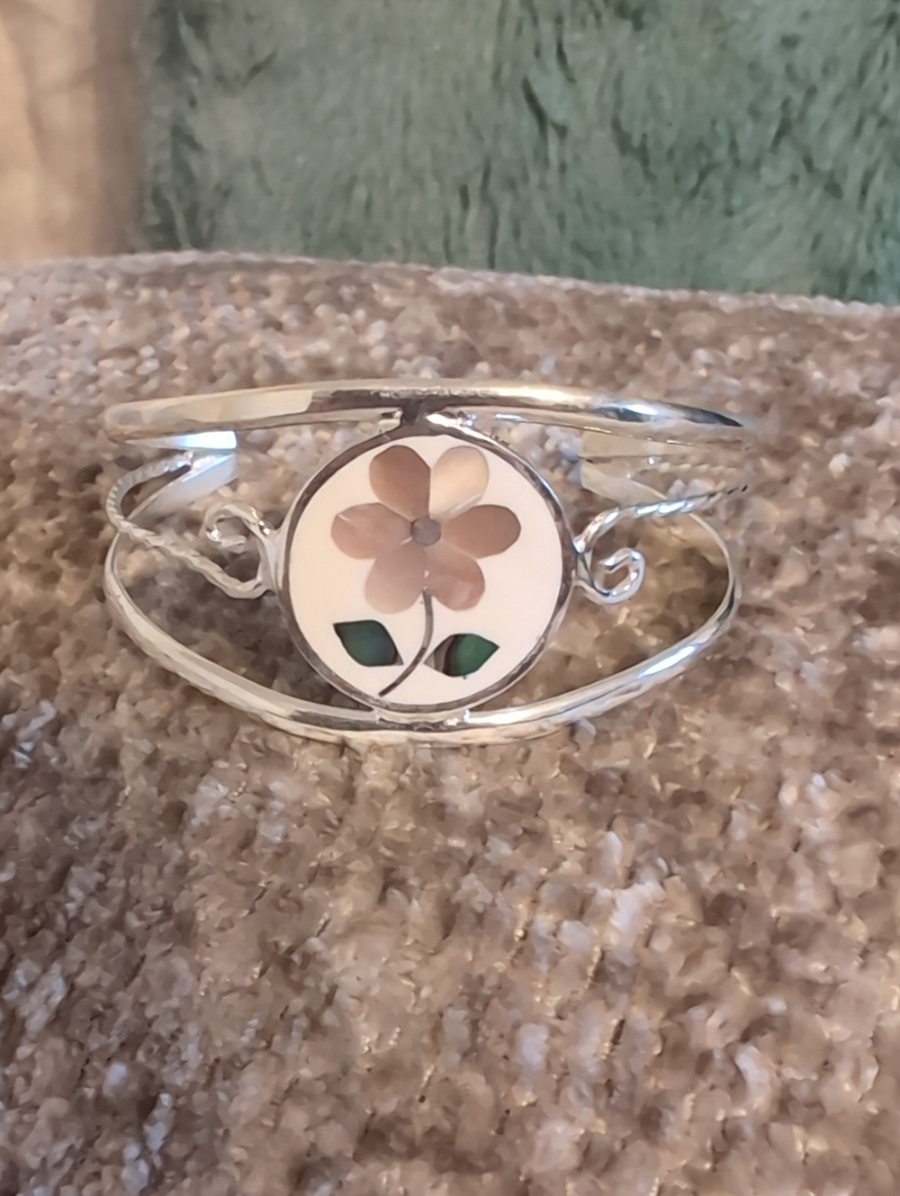 Silver Floral Inlay Open Cuff Bracelet - Cream Flower & Green Leaves
